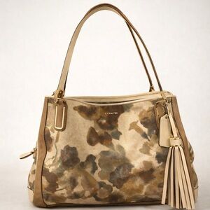 Coach Y2K Floral Canvas Leather Trim Tassel Shoulder Bag / Purse Tan Brown